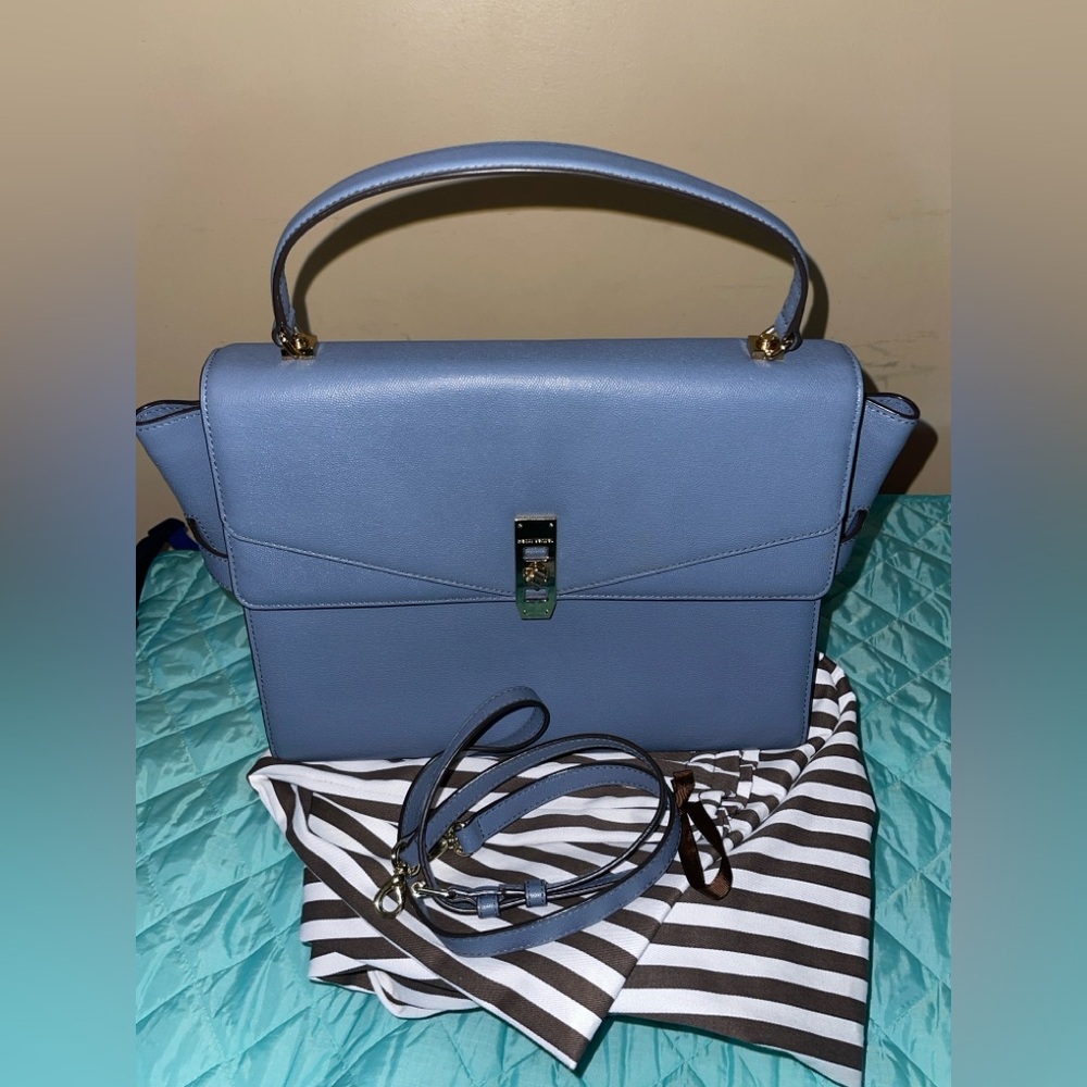 Henri Bendel Uptown Blue Leather Turnlock Top Handle Flap Satchel EUC CLASSIC